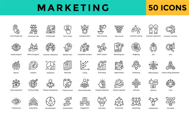 Canvas Print - Marketing icon set with budgeting, roi, kpis, metrics, analytics, dashboard, reporting, trends, forecasting, segmentation, positioning, differentiation icon. Simple line vector 