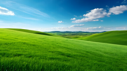 Wall Mural - Scenery beautiful of green field with blue sky green grass fields on small hills and blue sky suitable for wallpaper and background illustration
