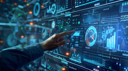 Wall Mural - high technology control room data center multiple digital screens display charts graphs data visuali