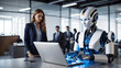 © Eduardo Accorinti - Robot working on laptop in office with female employee on the side, fearing that she will lose her job. Artificial intelligence replacing humans, impact of AI technology at work, modern social issue