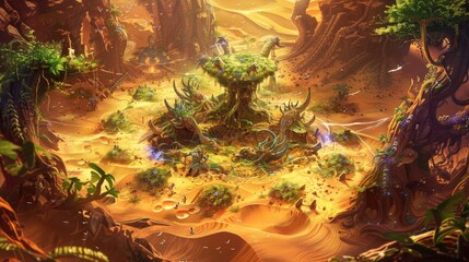 Wall Mural - Ancient spirits of the forest and desert battling in a mystical oasis surrounded by enchanted flora and sand dunes.