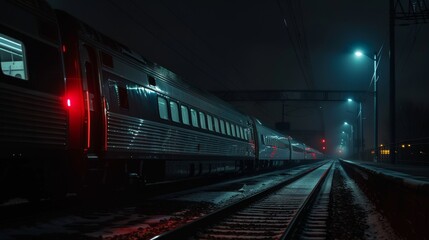 Wall Mural - cinematic, studio ortogonal side view shot of an Amtrak train all in black at night on the rails