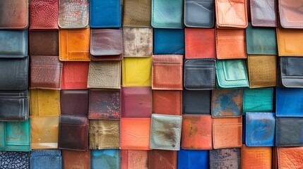 Poster - realistic photo of a wall made out of multi-coloured wallets, frontal view, shot in studio, 