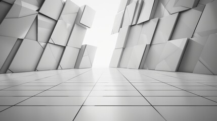 Wall Mural - Abstract white room with tiled floor and geometric wall pattern