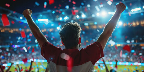 Wall Mural - Back view of an enthusiastic soccer fan celebrating a win in a crowded stadium with vibrant confetti and bright lights.