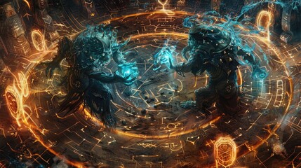 Poster - arcane golems of elemental energy locked in a fierce duel amidst a mystical labyrinth of glowing run