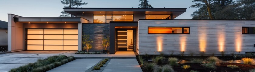 Canvas Print - A large house with a white garage door and a black garage door. The house is lit up with lights, giving it a warm and inviting atmosphere