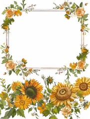 Sticker - an elegant banner for a christening of a boy, watercolor sunflower fields on the bottom, space for text in the middle and flower blossoms on top 