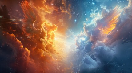 Wall Mural - celestial avatars of dawn and dusk, radiant with hues of sunrise and twilight, clash in a celestial 