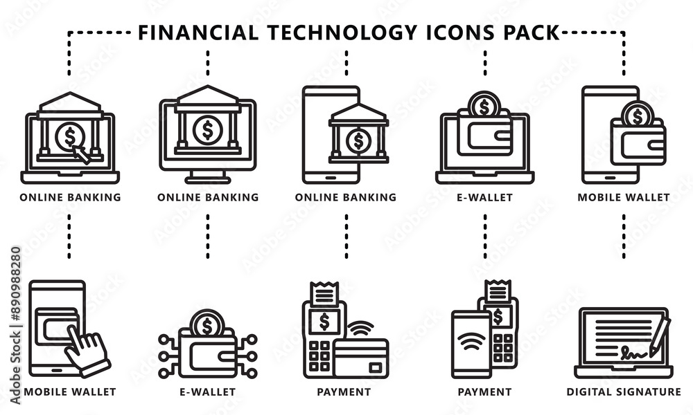 Financial technology black outline icons pack, contain online banking ...
