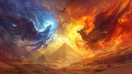 Wall Mural - Celestial beings of dawn and dusk locked in a timeless duel amidst a landscape of shifting sands and ancient pyramids.