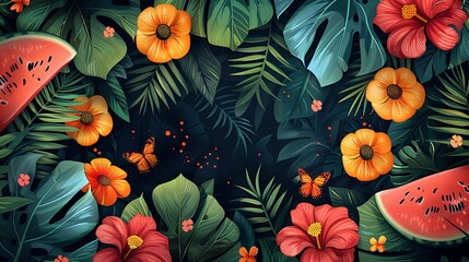 vector, illustration, seamless vector pattern with colorful abstract tropical plants, exotic flowers