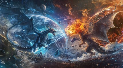Wall Mural - celestial dragons of fire and ice clashing in a cosmic battlefield amidst the remnants of shattered 