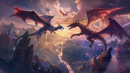 Wall Mural - celestial dragons of light and shadow locked in an aerial duel above a landscape of floating mountai