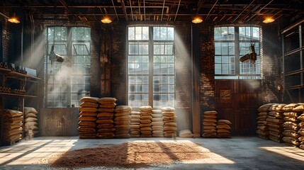 Industrial warehouse interior, stacked burlap sacks, coffee beans or grain, exposed brick walls, large industrial windows, sunbeams streaming in, enhanced natural lighting.