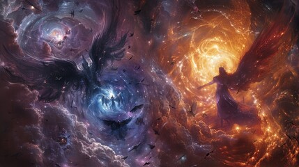 Wall Mural - celestial emissaries of divine radiance and arcane shadow engaged in a celestial conflict within the