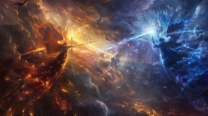 Wall Mural - celestial emissaries of divine radiance and arcane shadow engaged in a celestial conflict within the