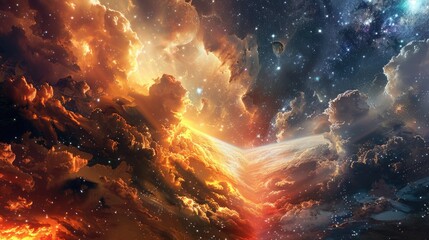 celestial entities of dawn and twilight battling in an ethereal landscape of shifting hues and radia