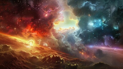 Wall Mural - Celestial entities of dawn and twilight battling in an ethereal landscape of shifting hues and radiant light, under a sky filled with stars.