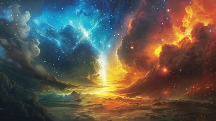Wall Mural - celestial entities of dawn and twilight battling in an ethereal landscape of shifting hues and radia
