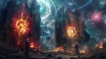 Wall Mural - celestial guardians of light and darkness locked in an epic battle amidst the ruins of an ancient te