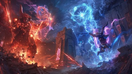 Wall Mural - celestial guardians of light and darkness locked in an epic battle amidst the ruins of an ancient te