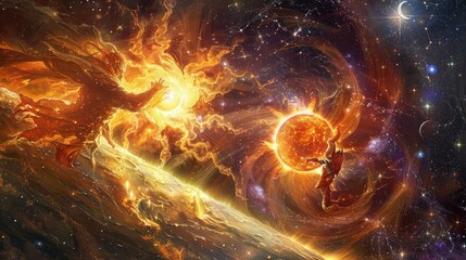 Wall Mural - Celestial guardians of the sun and moon clashing in a radiant explosion of light and shadow, set against a backdrop of swirling constellations.