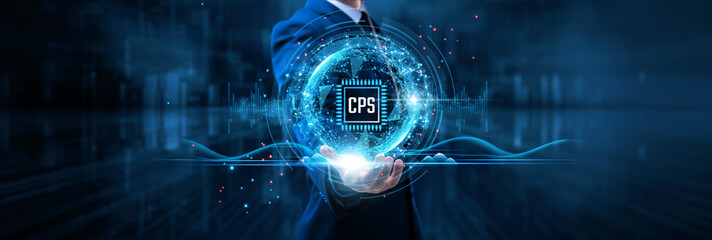 CPS (Cyber-Physical System), businessman hold CPS on global structure network and real-time data analytics, IoT integration, automation efficiency, smart infrastructure........