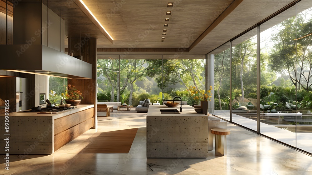 Sleek modern kitchen, concrete island with integrated sink, warm wood ...