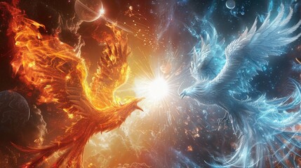 Wall Mural - Celestial phoenixes of radiant flame and icy feathers engaged in a majestic aerial duel amidst the blazing sun and celestial comets.