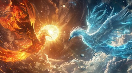 Wall Mural - celestial phoenixes of radiant flame and icy feathers engaged in a majestic aerial duel amidst the b