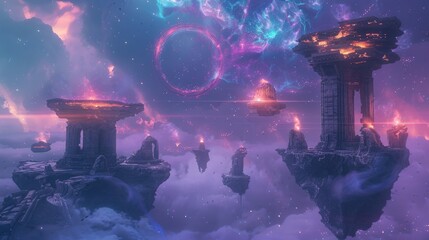 Wall Mural - Celestial specters of luminous energy and ethereal shadow locked in an ethereal duel amidst the floating ruins of ancient celestial temples.