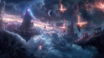 Wall Mural - Celestial specters of luminous energy and ethereal shadow locked in an ethereal duel amidst the floating ruins of ancient celestial temples.