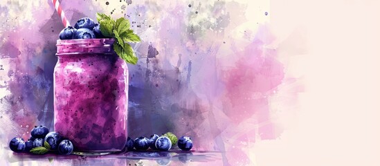 Wall Mural - A jar of blueberry smoothie with a straw in it