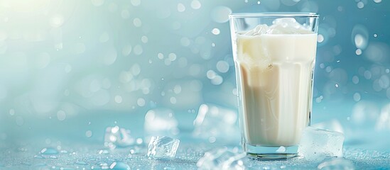 Wall Mural - A glass of milk is sitting on a table with ice cubes in it