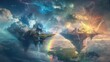 © UMAR SALAM - Celestial warriors of day and night locked in an eternal battle within a realm of floating islands and ethereal clouds under a celestial rainbow.