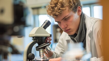 Wall Mural - student using a microscope in a biology lab class