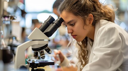 Wall Mural - student using a microscope in a biology lab class