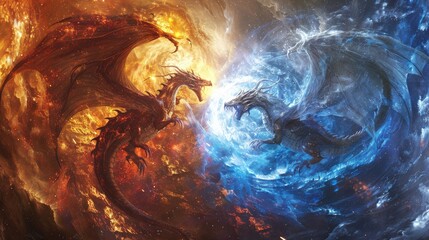 Wall Mural - Cosmic dragons of stellar flame and galactic ice engaged in a celestial duel within the swirling vortex of a collapsing star's remnants.