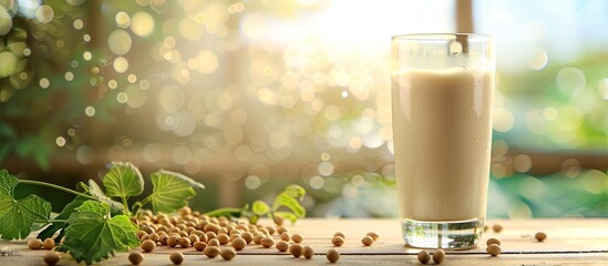 Canvas Print - A glass of milk is on a table with soybeans