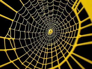 A close-up of a yellow spiderweb against a black background.