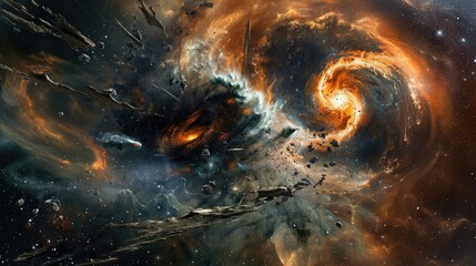 Wall Mural - Cosmic leviathans of cosmic energy and gravitational force, locked in an eternal clash amidst a swirling maelstrom of cosmic debris and interstellar dust clouds.