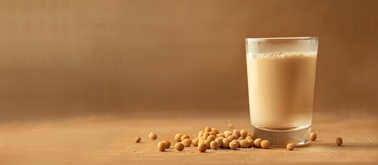 Sticker - A glass of milk with a few pieces of soybeans on the table