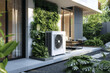 © btiger - Modern air source heat pump on residential building exterior sunny day with green plants and white walls installed outdoors for energy-efficient heating and cooling