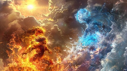 Wall Mural - elemental avatars of fire and water engaged in an elemental war beneath a blazing sun and turbulent 