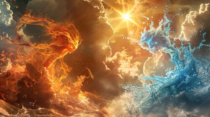 Wall Mural - elemental avatars of fire and water engaged in an elemental war beneath a blazing sun and turbulent 