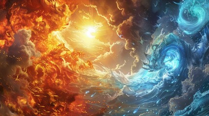 Wall Mural - elemental avatars of fire and water engaged in an elemental war beneath a blazing sun and turbulent 