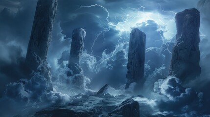 Wall Mural - elemental embodiments of thunder and mist clashing in a primordial arena of towering monoliths and s
