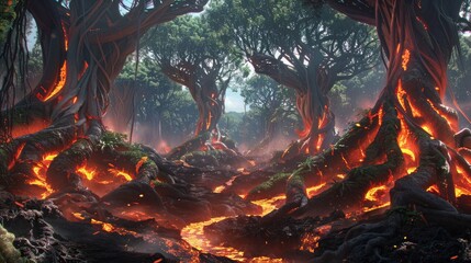 Wall Mural - elemental spirits of forest and fire battling in a primeval jungle, with towering trees and rivers o