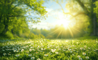 Wall Mural - Serene Spring Meadow with Blooming Flowers and Trees under Blue Sky on Sunny Day